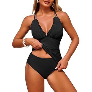 ZAFUL Swim Suits for Women 2025 Smocked Two Piece Tankinis Modest High Waisted Tummy Control Simsuits Sexy Slimming Ruched Push Up Bathing Suit Retro Ruffle Hem Full Coverage Tankini Swimwear Black M