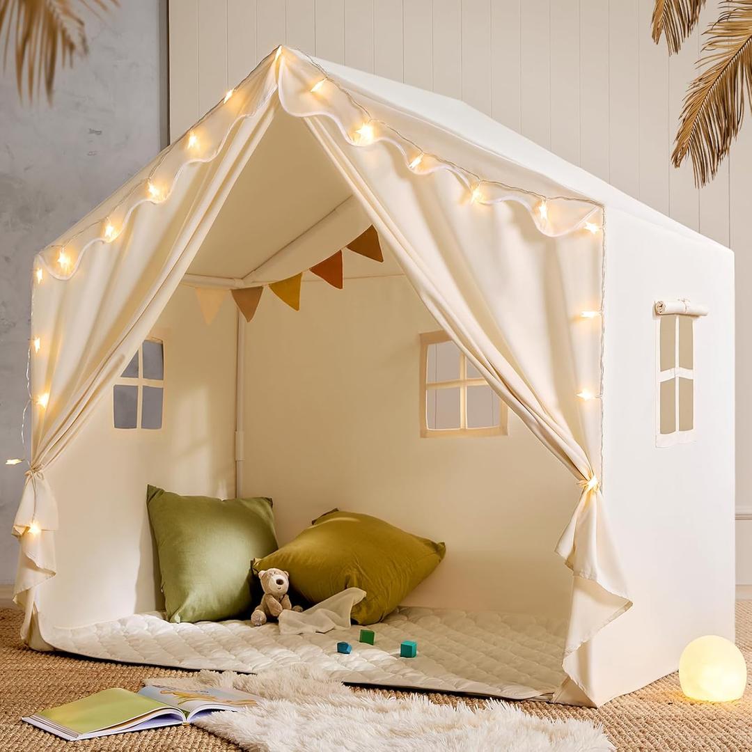 Tiny Land Kids Tent with Mat and Star Lights, Indoor Playhouse for Toddlers, 57"x36"x52" Large Reading Nook for Girls & Boys, Modern Bed Canopy for Kids Room, Teepe Tent (Cream)