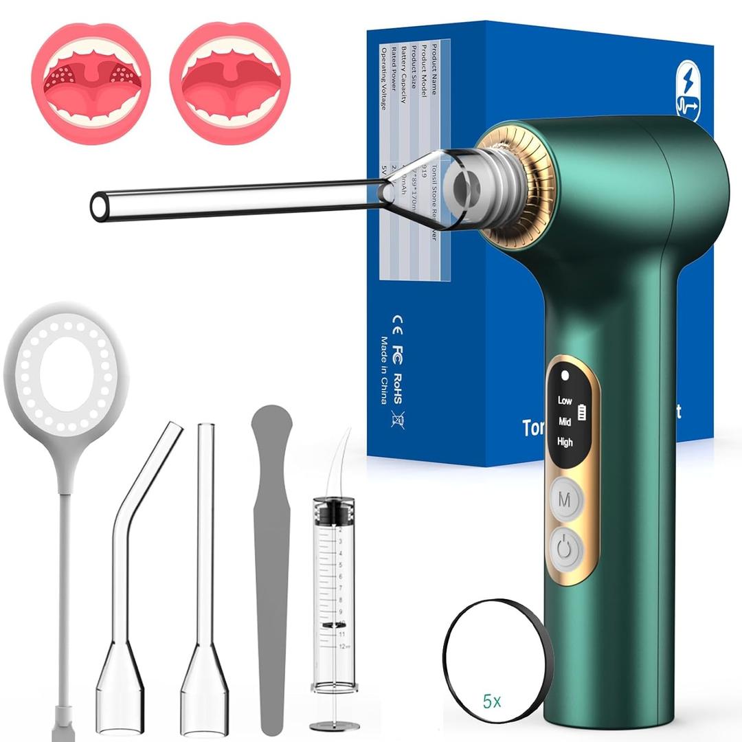 Tonsil Stone Removal Kit With Built-in Blue Light, Rechargeable Vacuum Remover to Combat Bad Breath (Green)