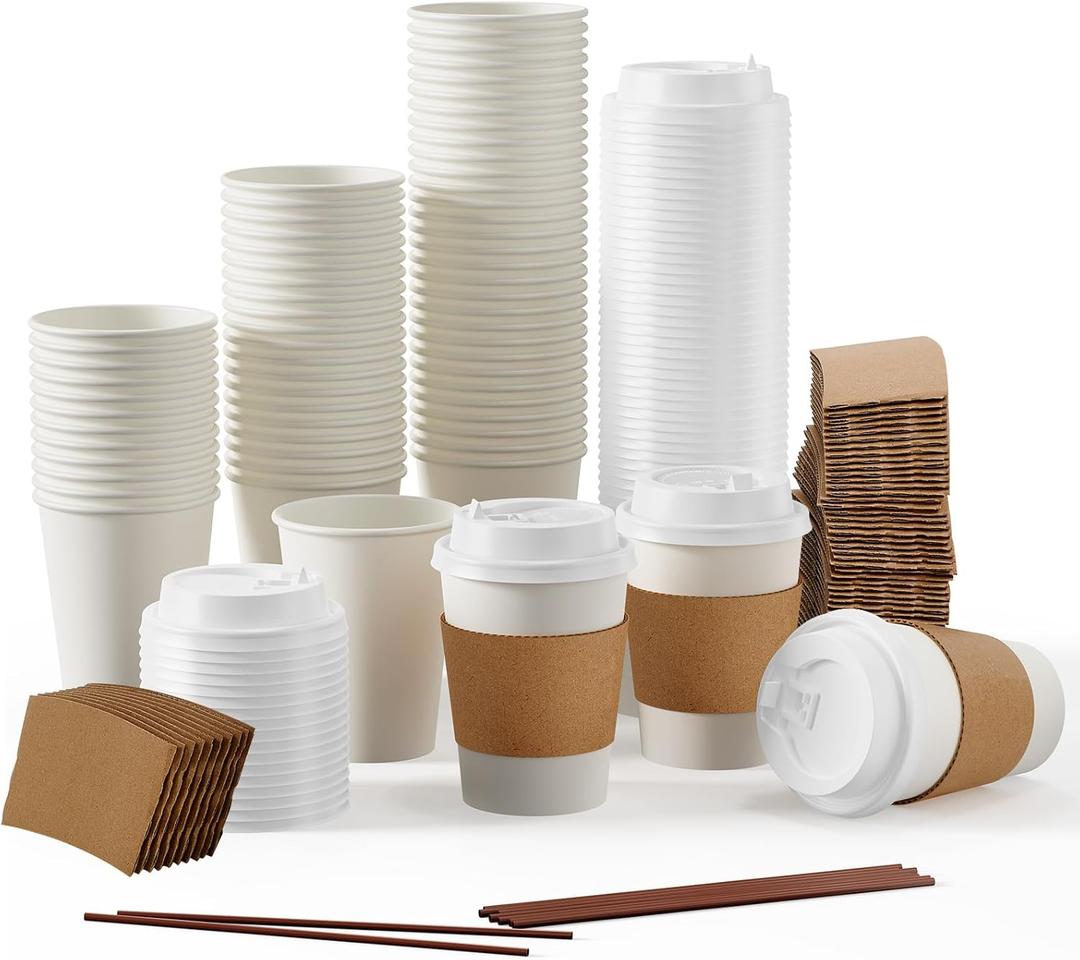 WOWSOLID 120 Pack 12 oz LeakProof Coffee Cups with Lids, Sleeves, and Stirrers, Disposable To Go Hot Travel White Paper Cups, Hot Chocolate, Cocoa, Tea for Home, Cafes, Coffee Bar