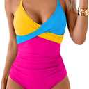 B2prity Women's One Piece Swimsuits Tummy Control Front Cross Bathing Suits Tie Back Slimming V Neck Swimwear (Large, Yellow, Blue, Pink)