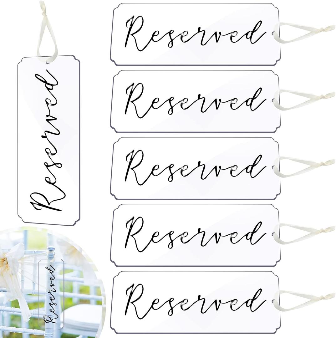 Blulu 6 Pieces Reserved Signs for Wedding Chairs Acrylic Tag Hanging Reserved Signs with Ribbon for Wedding Important Events Church Pews Chair and Restaurant(Black Lettering)