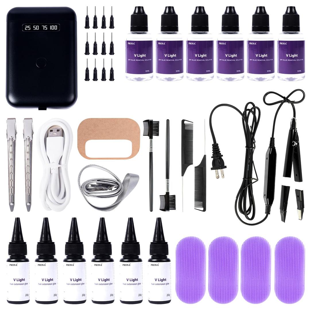 V light hair extensions kit, Professional Hair Extensions Installation Kit, V light machine*1, V light hair removal tool*1 v light glue*6, glue remover *6. (black machine set)