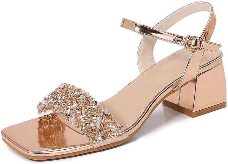 kkdom Women's Open Toe Ankle Strap Fashion Glitter Rhinestone Sandals Low Block Chunky Heels Pumps Wedding Party Dress Shoes (Yellow, M) 8.5