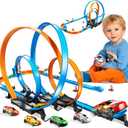 LILYBUDS Toy Car Race Track Set for Boys Kids Age 3-5 4-7, Race Tracks with 4 High-Speed Pull Back Race Cars and Crash Zones, Christmas Halloween Birthdays Gifts Toys for Boys Kids 4-6 8-12 Years Old, Large