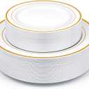 Gold Plastic Plates, MCIRCO 100 Pieces Disposable Party Plates for Weddings, Premium Gold Rim Plates, Include 50 10.25 Inch Dinner Plates and 50 7.5 Inch Dessert Appetizer Plates (gold, 100pcs)