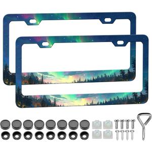 Galaxy Forest License Plate Frame - 2 PCS Watercolor License Plate Holder, Rust-Proof Aluminum Alloy License Plate Cover Decoration with Screws Caps for Standard Us 12x6 Inch