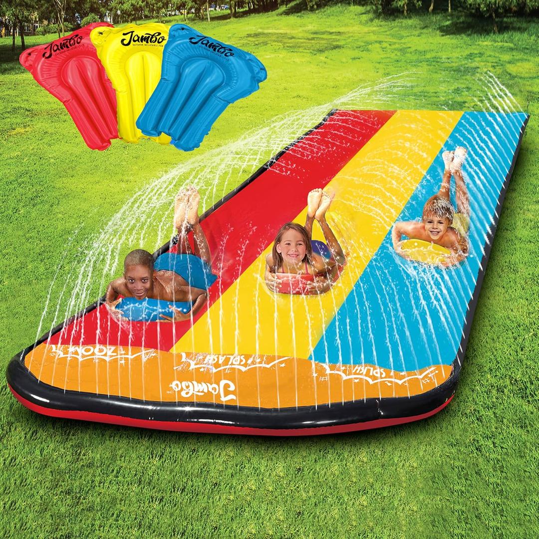 JAMBO Premium 16Ft Slip Splash and Slide and 3 Bodyboards, Heavy Duty Water Slide - 3-Way Sprinkler System, Splash Mat Pad, Backyard Outdoor Water Toys n Slides for Kids