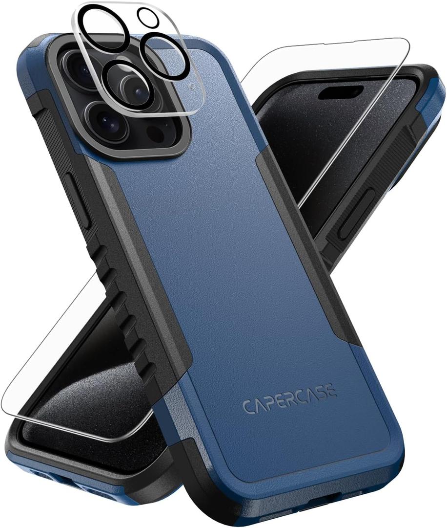 Rugged Case for iPhone 15 Pro Max 6.7 inch with 2X Screen Protector + Camera Lens Protector, [Military Grade Protection] Heavy-Duty Tough Slim Fit Lightweight Protective Case, Blue
