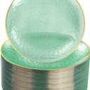 Rubtlamp 100 Pcs Clear Green Plastic Plates, Gold Hammered Plastic Salad Platos, Green Disposable Platos With Gold Rim,7 Inch Dessert Platos Disposable, Dessert Appetizer Platos