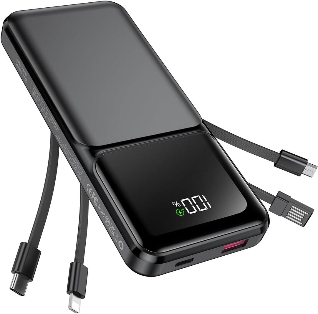 RONEGN Portable Charger with Built in Cable 20000mAh Fast Charging | Power Bank USB C Slim 22.5W LED Display Battery Pack 5 Outputs & 3 Inputs for Travel Essentials iPhone Samsung Phones Black