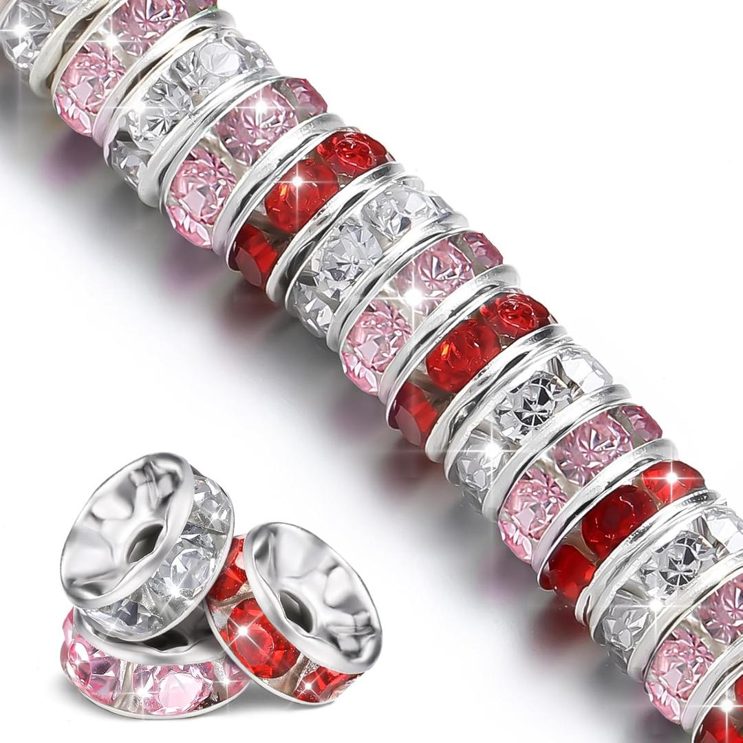 Ferreve 600 Pcs Valentines Day Spacer Beads for Jewelry Making 8mm Rhinestone Beads for Beaded Pens Red Pink White Crystal Bead Spacers for DIY Holiday Bracelet Necklace Gifts Crafts