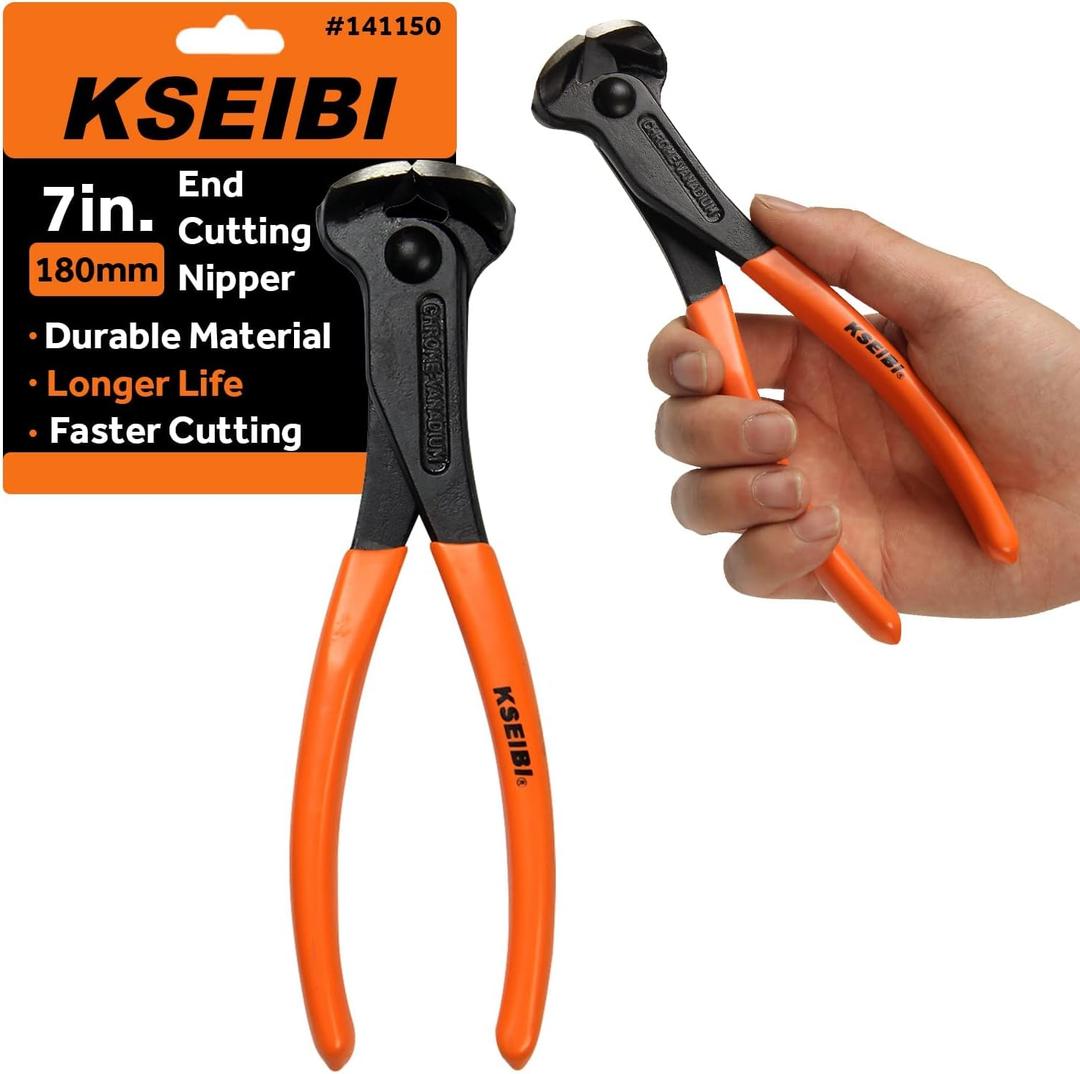 KSEIBI 141150 End Cutting Pliers 7 Inch Grip Handle Black Finish Chrome Vanadium Steel Carpenter Pincer, Nippers Tool, Cat Paw, Nail Remover, Rivet Cutting Pliers, Steel Wire Cutter Construction Tool
