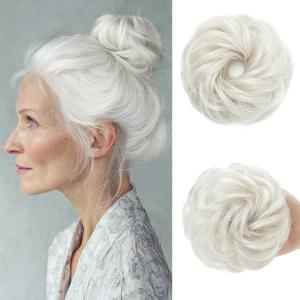 CJL HAIR Small Messy Bun Hair Pieces for Women Thin Hair Synthetic Curly Mini Scrunchies Hairpiece Updo with Elastic Band 2PCs White
