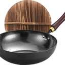 Carbon Steel Pan, 13.5 Woks & Stir-Fry Pans with Wooden Lid Cookwares, Nonstick Wok, No Chemical Coated Flat Bottom Hand Hammered Chinese Wok For Gas