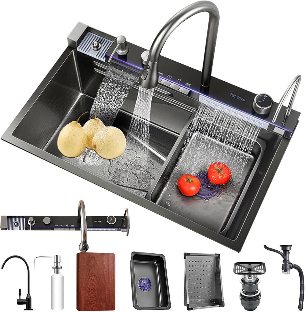 Stainless Steel Flying rain Waterfall Gray-black Drop in Kitchen Sink Workstation Kitchen Sink with Multifunctional Faucet