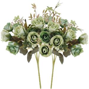 5 Stems 10 Heads Artificial Flowers Small Roses with Leaf Bouquet for Valentines Decoration Kitchen Wedding Office (2 Pack, Green)