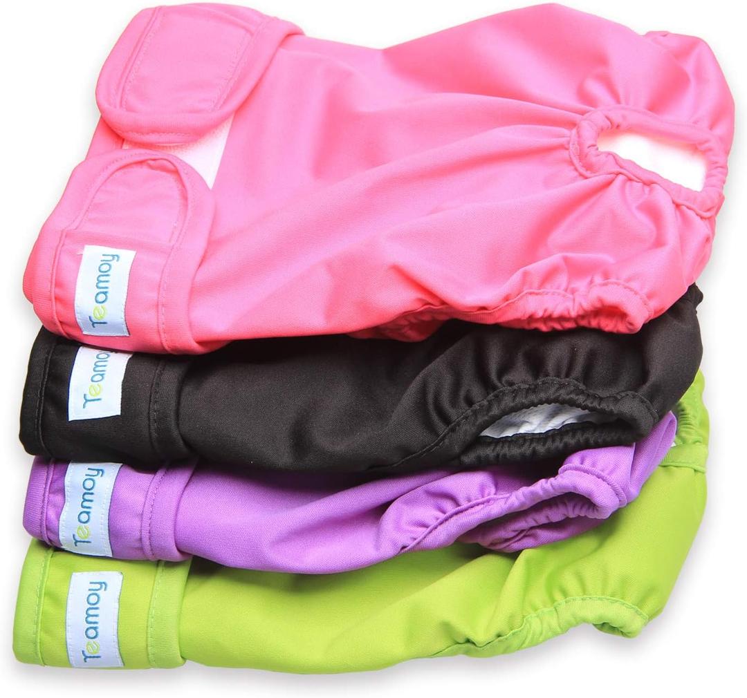 Teamoy 4pcs Washable Female Dog Diapers, Reusable Doggie Diaper Wraps for Female Dogs, Super-Absorbent and Comfortable, Large (L1 (Pack of 4), Black+ Purple+ Green+ Rose Red (4pcs))