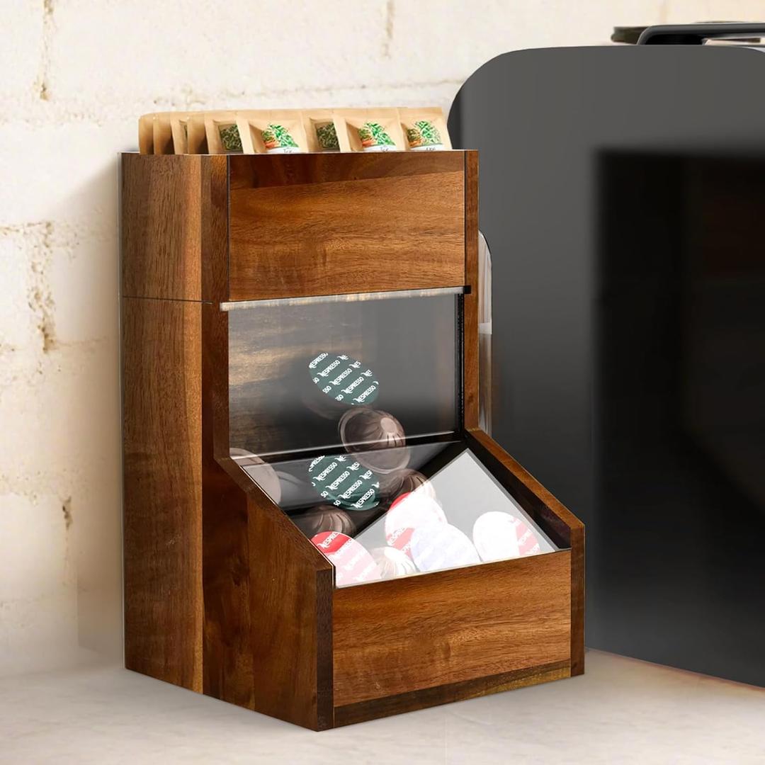 Acacia Wood Coffee Pod Holder, Convenient K Cup Organizer with Clear Window, Coffee Pod Organizer with Top Removable Dividers