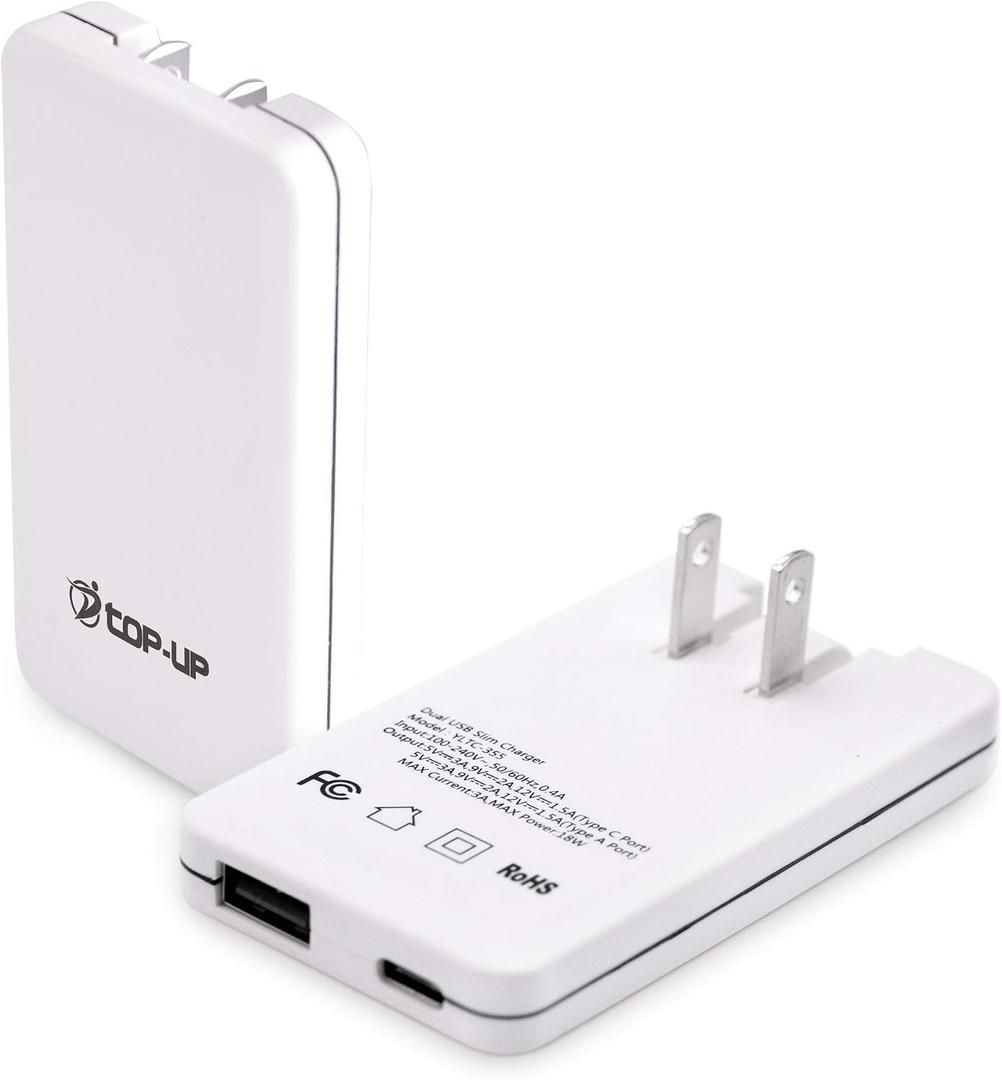 TOP-UP Flat USB Wall Charger 18W PD Ultra Slim Dual Port USB-C & USB-A Fast Charging Adapter for iPhone 17/16/15/14/13/12 Pro Max/Air, iPad, AirPods, Samsung Galaxy S24/S23, Google Pixel, More
