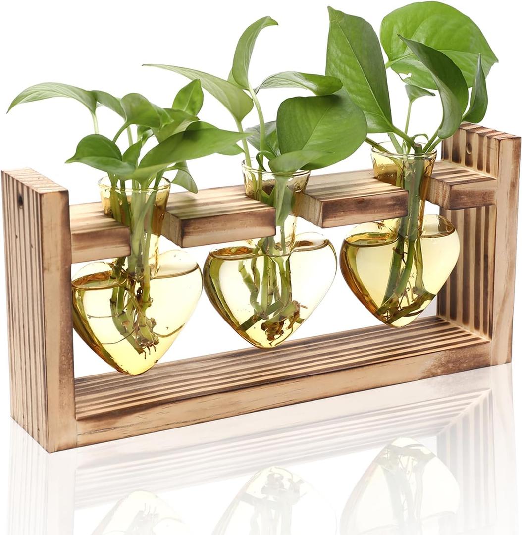 Plant Terrarium Propagation Stations Hydroponics Home Garden Decoration Gift for Women with Wooden Stand Heart Shaped Colored Glass Vase (Gold)