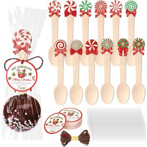 Vesici 120 Set Christmas Wooden Spoons Hot Cocoa Chocolate Bar Supplies Christmas Utensil Disposable Holiday Serving Pieces Xmas Party Favor Stocking Stuffer Candy Kitchen Cooking Baking (Candy Cane)