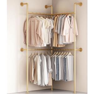 KADIGANG Industrial Pipe Gold Clothing Racks Wall Mounted, Rustic Gold Industrial Pipe Clothes Rack Design - Stylish & Heavy Duty Corner Garment Racks, Perfect for Home or Retail Display