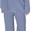 MISSACTIVER Women's 2 Piece Striped Lounge Set Long Sleeve Oversized T-Shirt Wide Leg Pants Matching Pajamas Set (Dark Blue)
