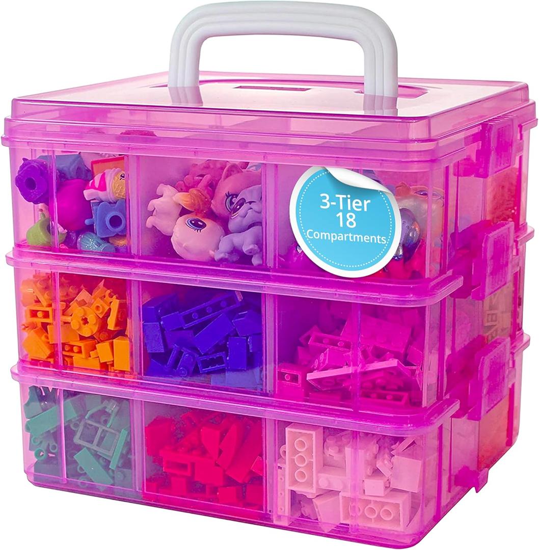 Bins & Things Bead Organizer with Adjustable Compartments - Durable Toy Organizers and Storage Solution for Dolls, Crafts, Mini Toy Figures, Jewelry and Beads - 3 Tier, 18 Compartments (Pink)