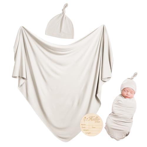 Rayon Made from Bamboo Newborn Swaddle Blanket Set with Matching Beanie, Super Soft Stretchy Baby Clothes Outfit for Girl Boy, Receiving Blankets Newborn Essentials, 47 x 47 Inch