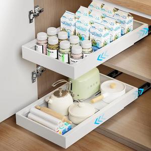 1 Pack Pull Out Cabinet Organizer, 21.8" Deep Slide Out Drawer for Cabinets Adhesive Pull Out Drawers Heavy Duty Pull Out Shelves for Kitchen, Cupboard, Pantry, Bathroom-Black