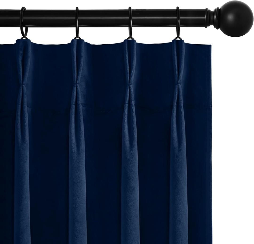 RYB HOME Navy Blue Pinch Pleated Velvet Blackout Curtains, Thermal Insulated Pinch Pleat Drapes with Hooks, Luxury Privacy Window Panels for Living Room Bedroom, 40" W x 96" L, 2 Panels Set