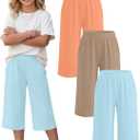 3 Pack Girls' Wide Leg Capri Pants | Teen Kids Capris, Tween Sweatpants, Pockets, Elastic Waist, Workout, Loose, Casual