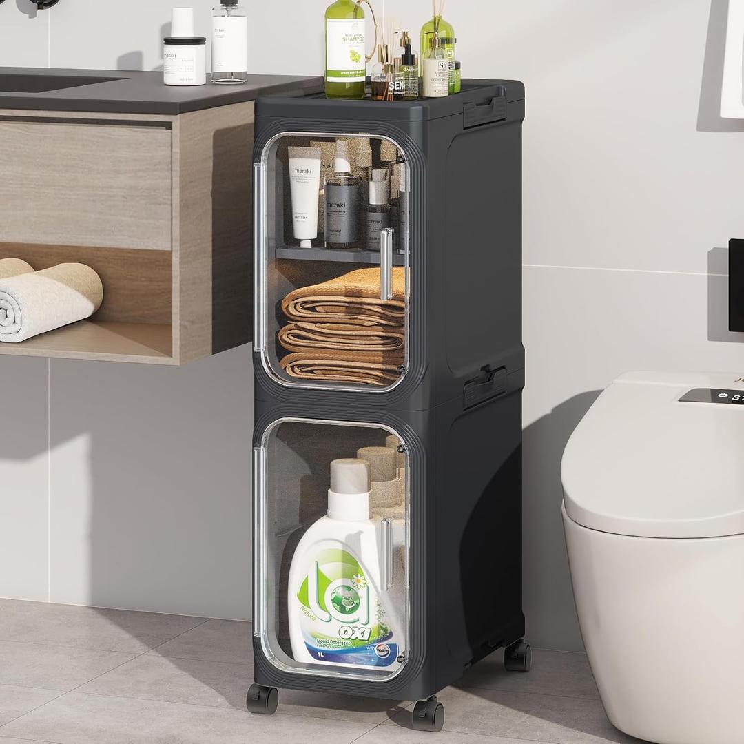 KHNR 2-Tiers Slim Bathroom Storage Cabinet, Foldable Storage Cabinets,Narrow Bathroom Storage,Movable Bathroom Storage Organizer for Small Spaces,Bathroom,Kitchen,Laundry,Black