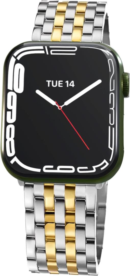 Seven-link Watch Band for Apple Watch Series 11, 10, 9, 8, 7, 6, 5, 4, 3, 2, 1 and SE 3/2/1 for Women, Dressy Stainless Steel Metal Band for Apple Watch 40mm 41mm 42mm 38mm 44mm 45mm 46mm for iWatch (Silver and Gold)