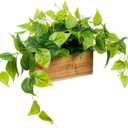 MyGift Vibrant Lifelike Artificial Plant Pothos Leafy Vine Greenery in Natural Solid Acacia Wood Rectangular Planter Box