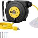 VEVOR Retractable Extension Cord Reel, 30 FT, Heavy Duty 16AWG/3C SJTOW Retractable Power Cord Reel with Lighted Triple Tap Outlet 10 Amp Circuit Breaker 4.5FT Lead-in Cord, for Ceiling or Wall Mount (Yellow)