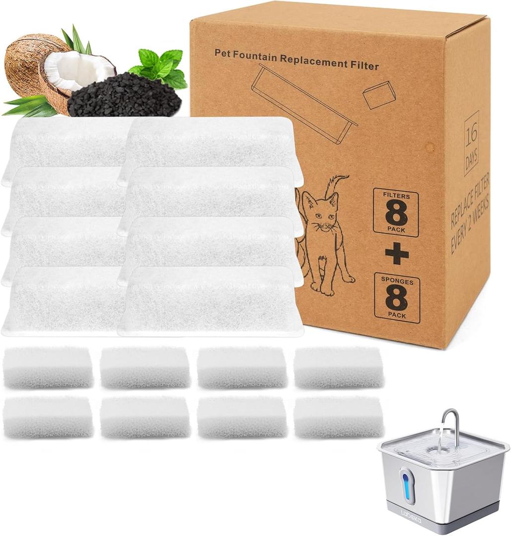 8 Pack Cat Water Fountain Filters, Cat Fountain Replacement Filters for 4L/135oz Pet Water Fountain (8Filters+8Sponges)