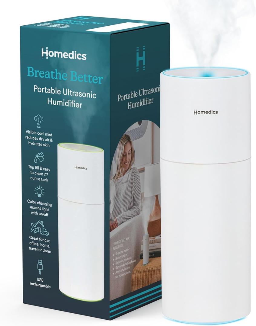 Homedics Portable Humidifier - Small Air Humidifiers for Bedroom, Plants, Office, Travel - Cool Mist Humidifiers, Color-Changing Accent Light, 2 Mist Settings, White, 
8.5 Fluid Ounces