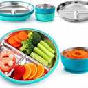 Havawish 4 Pcs Stainless Steel Baby Plate and Bowl with Suction, 8.3" Kid Divided Plate 4" Toddler Bowl with Removable Silicone, BPA-free Non-slip Baby Feed Set Dishwasher Safe for Boy Girl (Cyan)