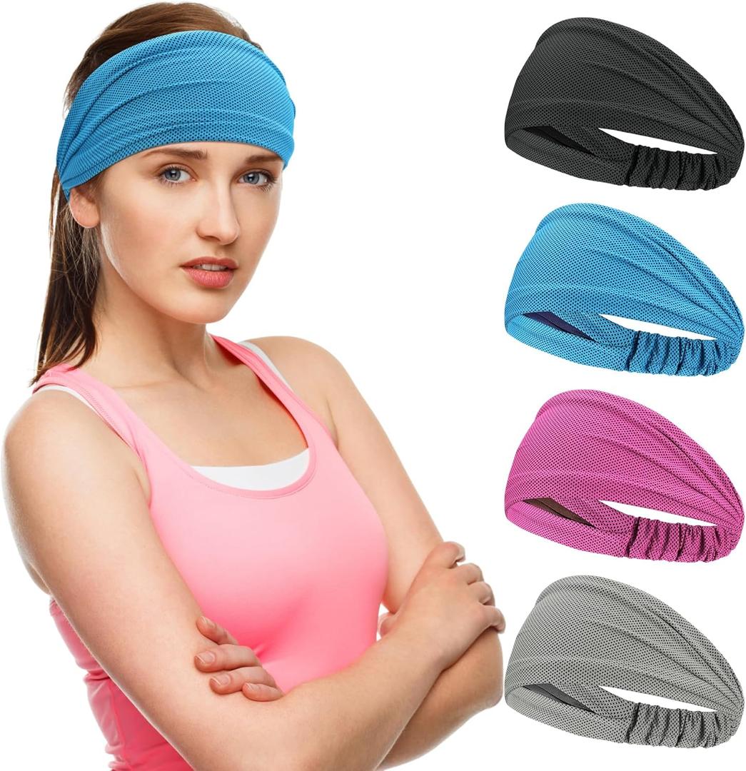 Sukeen Cooling Workout Headbands Women Men, Wide Stretchy Non-Slip Moisture Wicking Hairband, Sports Running Sweat Bands (Black/Blue/Rose Pink/Grey)