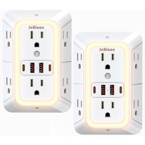 Outlet Extender with Night Light, Multi Plug Outlet Surge Protector,6 Outlet Splitter with 4 USB Outlet (2 USB A,2 USB C) 3 Sided Multi Plug Wall Adapter Power Strip for Home Travel Office 2 Pack