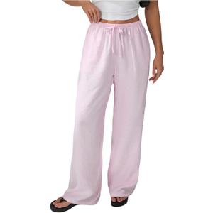 Verdusa Women's Straight Leg Pants Drawstring High Waisted Casual Loose Trousers with Pockets (Pink, XL)