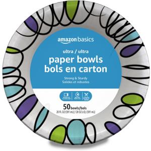 Amazon Basics Ultra Disposable Paper Bowls, 20 Oz, Microwave Safe, Soak Proof, Strong & Sturdy, White, 50 Count