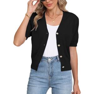COSSEN Women's Open Front Cardigans Button Down Short Sleeve Summer Trendy Lightweight Crochet Knit Sweaters (A01-black) Small 