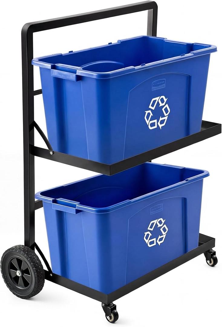 2 Tier Black Recycling Bin Cart with Wheel Metal Recycling Cart for 18 Gal Bins Metal Carts 15.7x29x41in with 8" Rubber Wheel Heavy Duty Portable Truck Without Bin for Garbage Warehouse