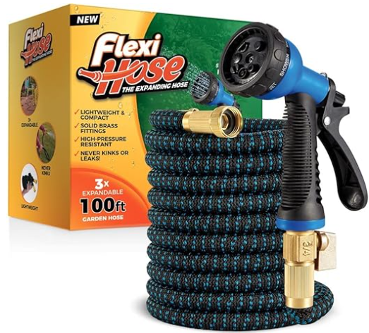 Flexi Hose Expandable Garden Hose with 8 Function Nozzle, 100FT - Lightweight Retractable Garden Hose, Water Hose - No-Kink Flexibility, 3/4 Inch Solid Brass Fittings and Double Latex Core