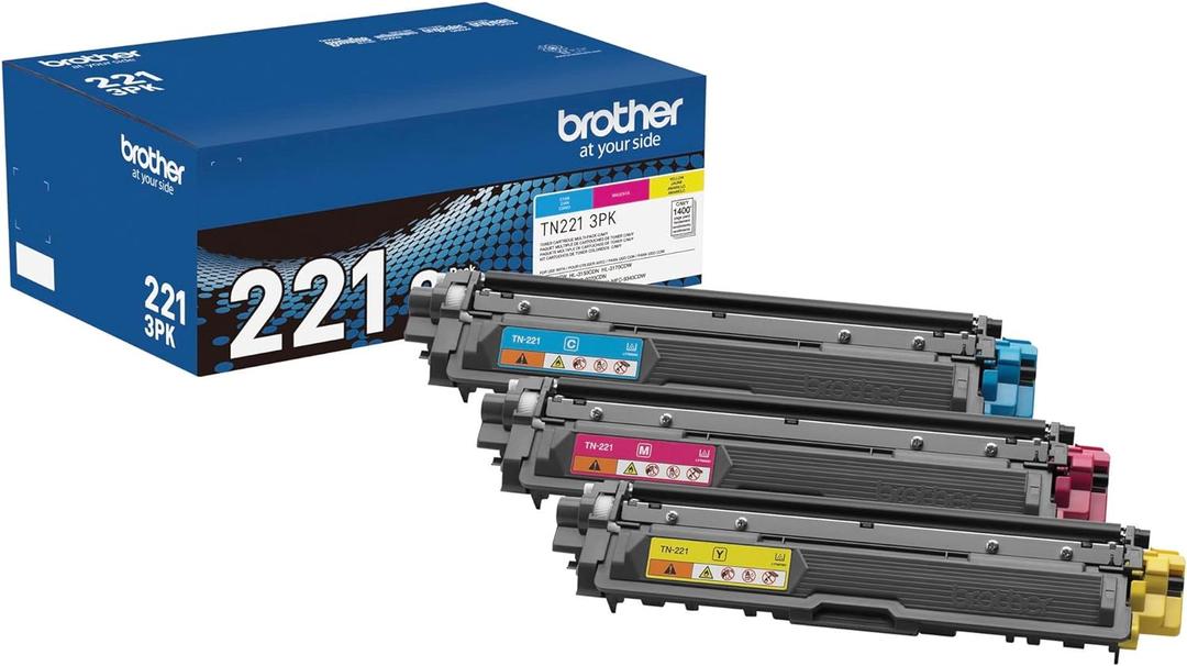 Brother Genuine Standard-Yield Toner Cartridge Three Pack TN221 3PK -Includes one Cartridge Each of Cyan, Magenta & Yellow Toner, Standard Yield (TN2213PK), Cyan, Magenta, Yellow