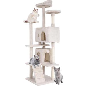 70" Cat Tree Tower | Beige | Sturdy, Easy to Assemble, Multi-Level Activity Center with Sisal Scratching Posts, Condos, Perches, Hanging Cat Toys, Observation Decks & Ladder