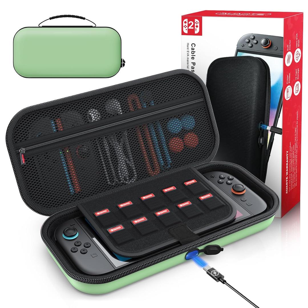 Auarte [Charge Inside] Switch 2 Carrying Case for Nintendo Switch 2 Console 2025 / Switch Original/Switch OLED, Slim Travel Carry Case for Nintendo Switch 2 Accessories with 10 Game Card Storage (Green) (Medium)